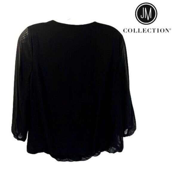 JM Collection Women's V-neckline Mesh Trim Long Sleeves Pullover Blouse - Picture 2 of 5